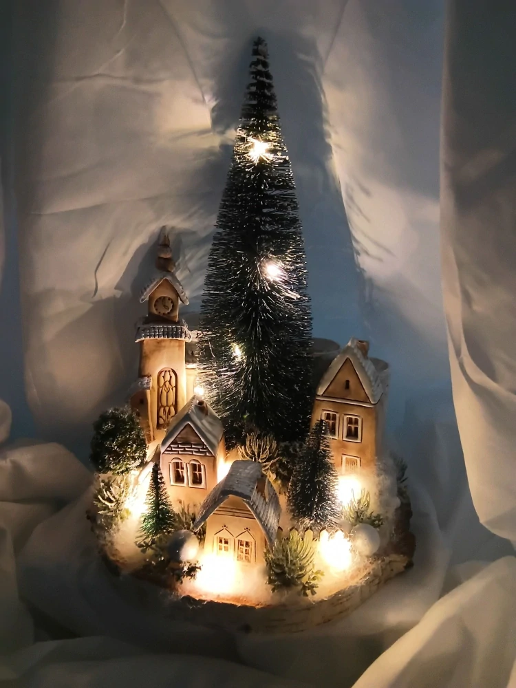 Březový adventní svícen s vesničkou