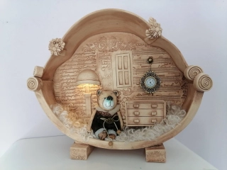 Keramický pokojíček s hodinami a medvídkem